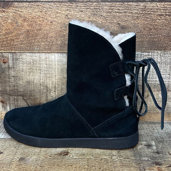 Koolaburra by UGG Shazi Black Suede Short Boots Booties Lace Up Back Size 7 - Picture 4 of 9